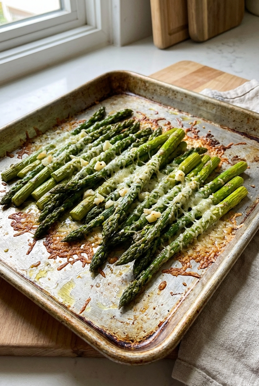 Roasted asparagus on a sheet pan with garlic and grated parmesan