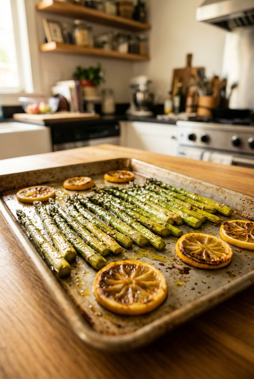 Roasted asparagus on a sheet pan with lemon slices