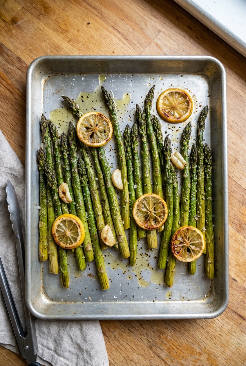 Roasted asparagus on a sheet pan with lemon slices and charred tips