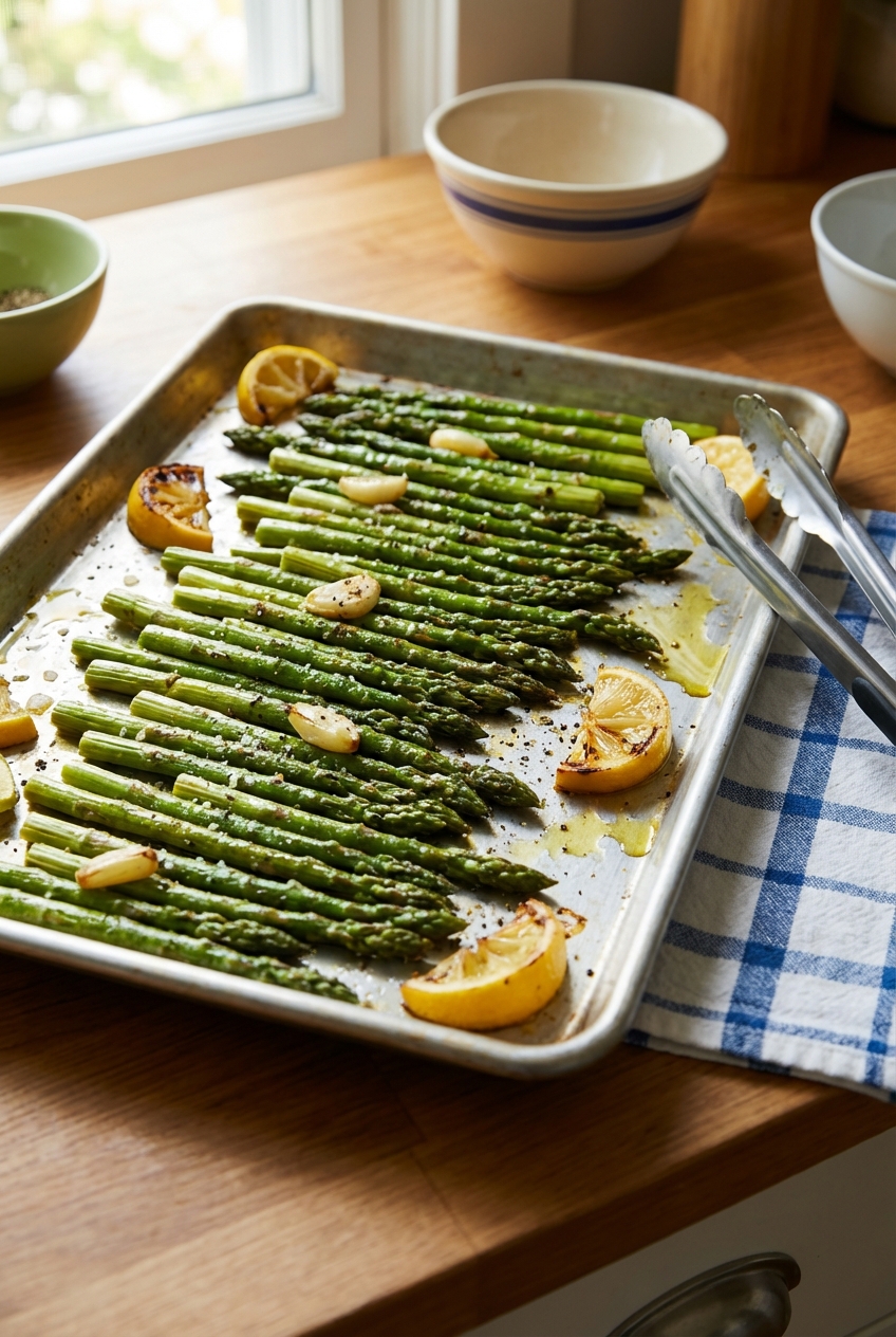 Roasted asparagus on a sheet pan with lemon wedges