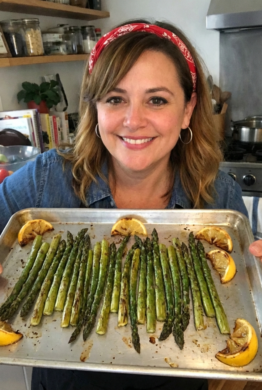 Roasted asparagus on a sheet pan with lemon wedges