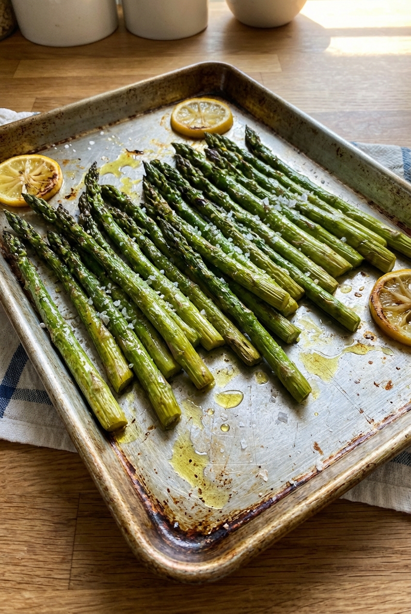 Roasted asparagus on a sheet pan with olive oil and flaky salt