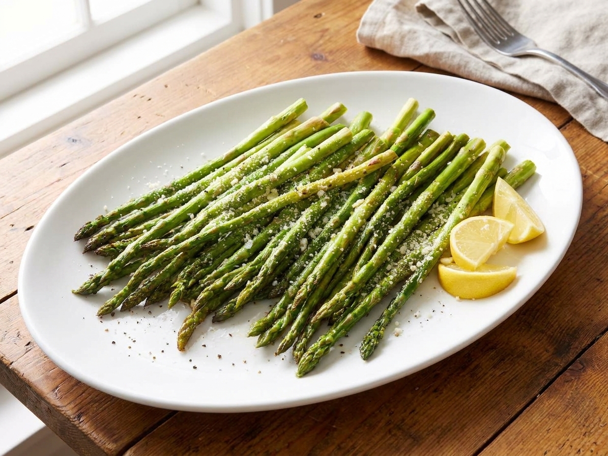 Roasted asparagus plated on a simple white serving platter with lemon wedges on a wooden dining table