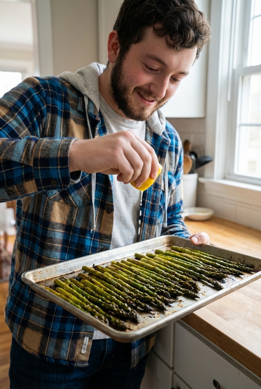 Roasted asparagus spears on a sheet pan being finished with fresh lemon juice