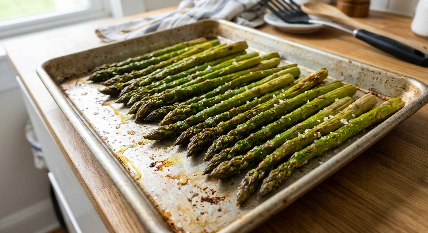 Roasted asparagus spears on a sheet pan with browned tips and a sprinkle of sea salt