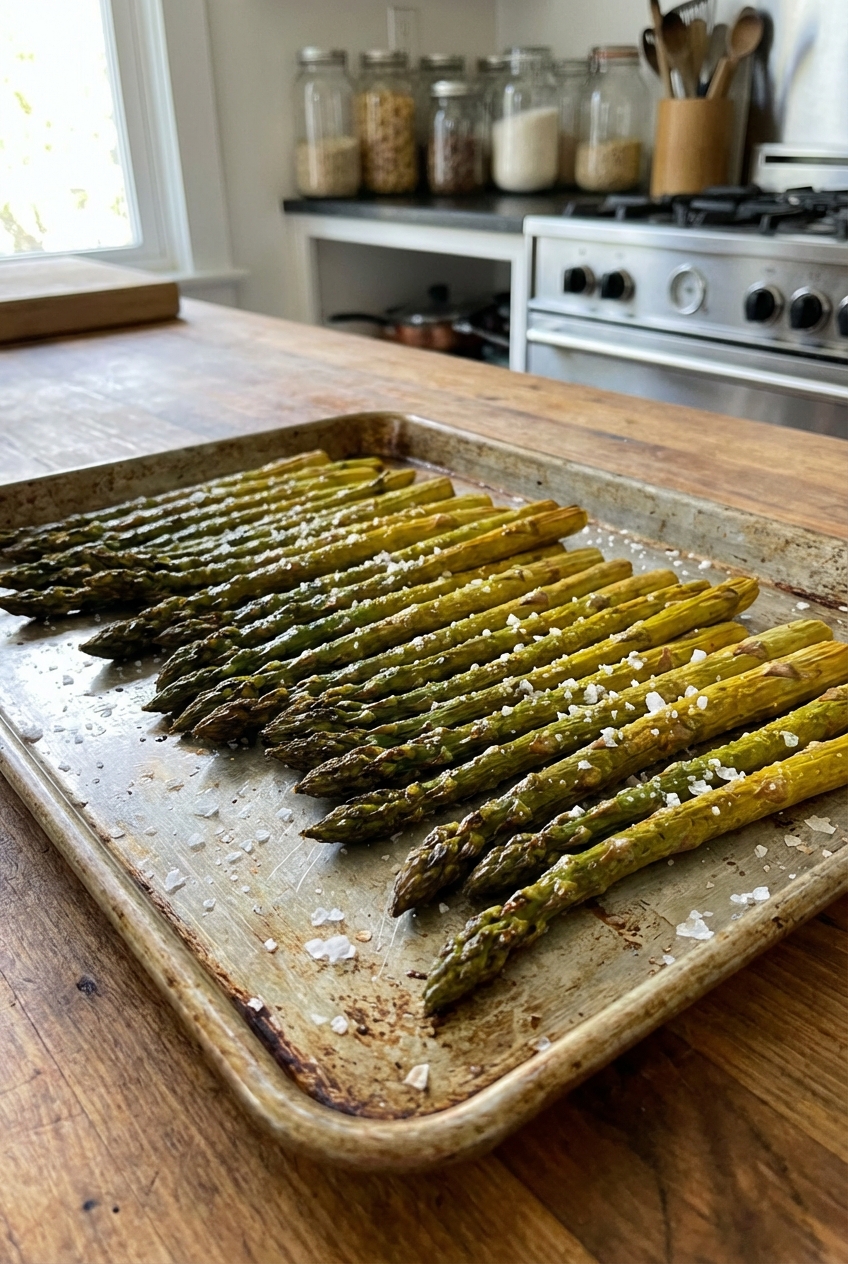 Roasted asparagus spears on a sheet pan with browned edges and flaky salt