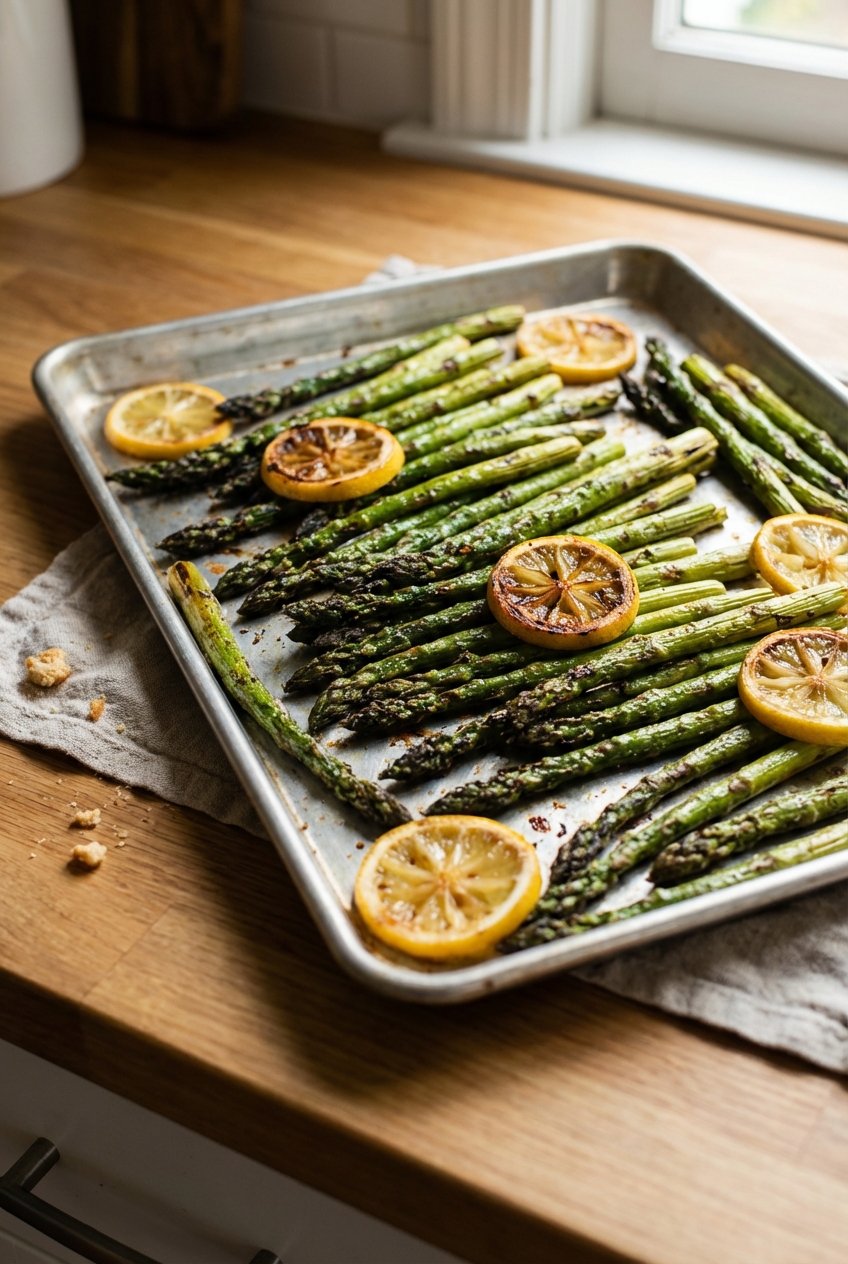 Roasted asparagus spears on a sheet pan with charred tips and lemon slices