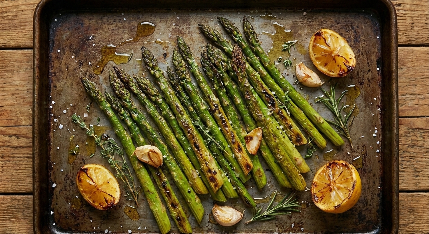 Roasted asparagus spears on a sheet pan with lemon wedges and browned tips