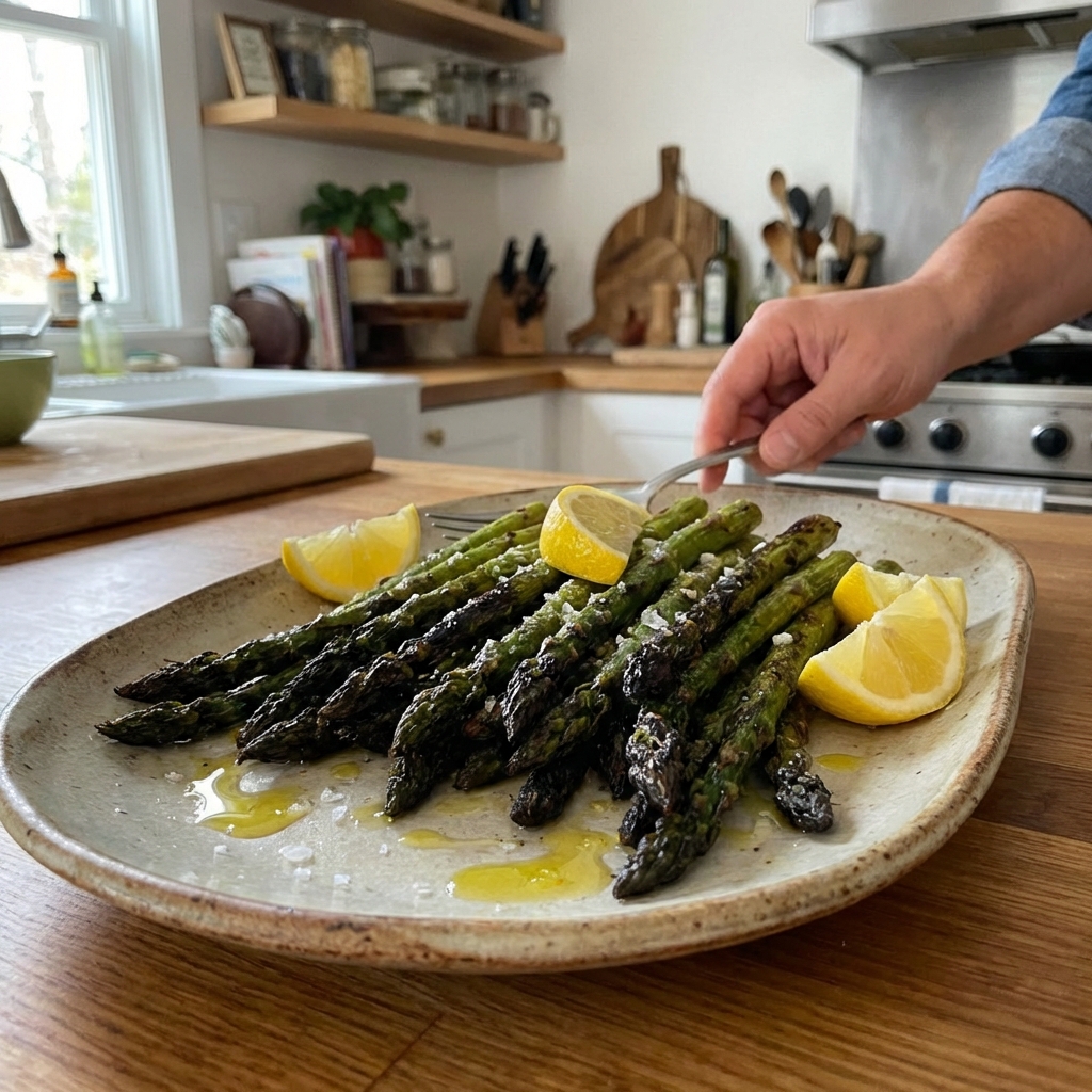 Roasted asparagus spears with charred tips on a serving platter