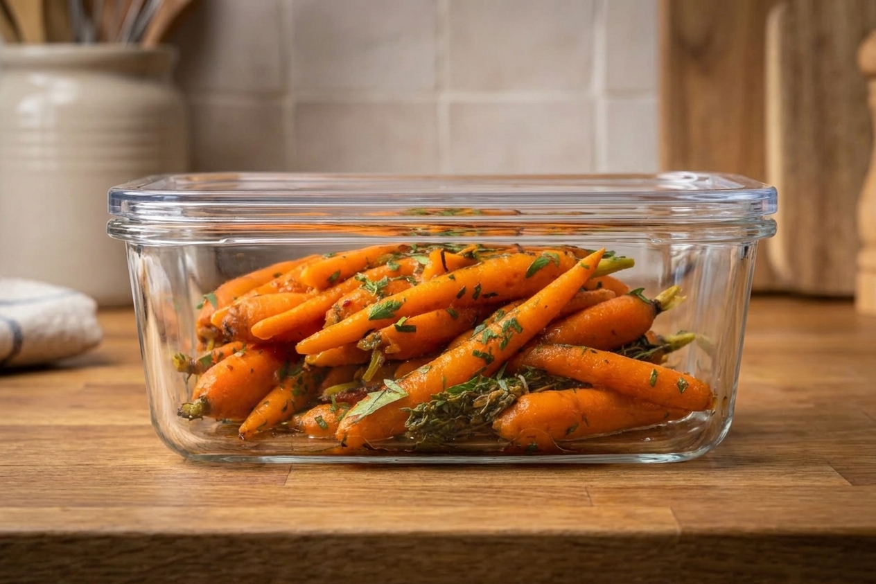 Roasted baby carrots stored in a clear glass meal prep container with a tight-fitting lid on a kitchen counter