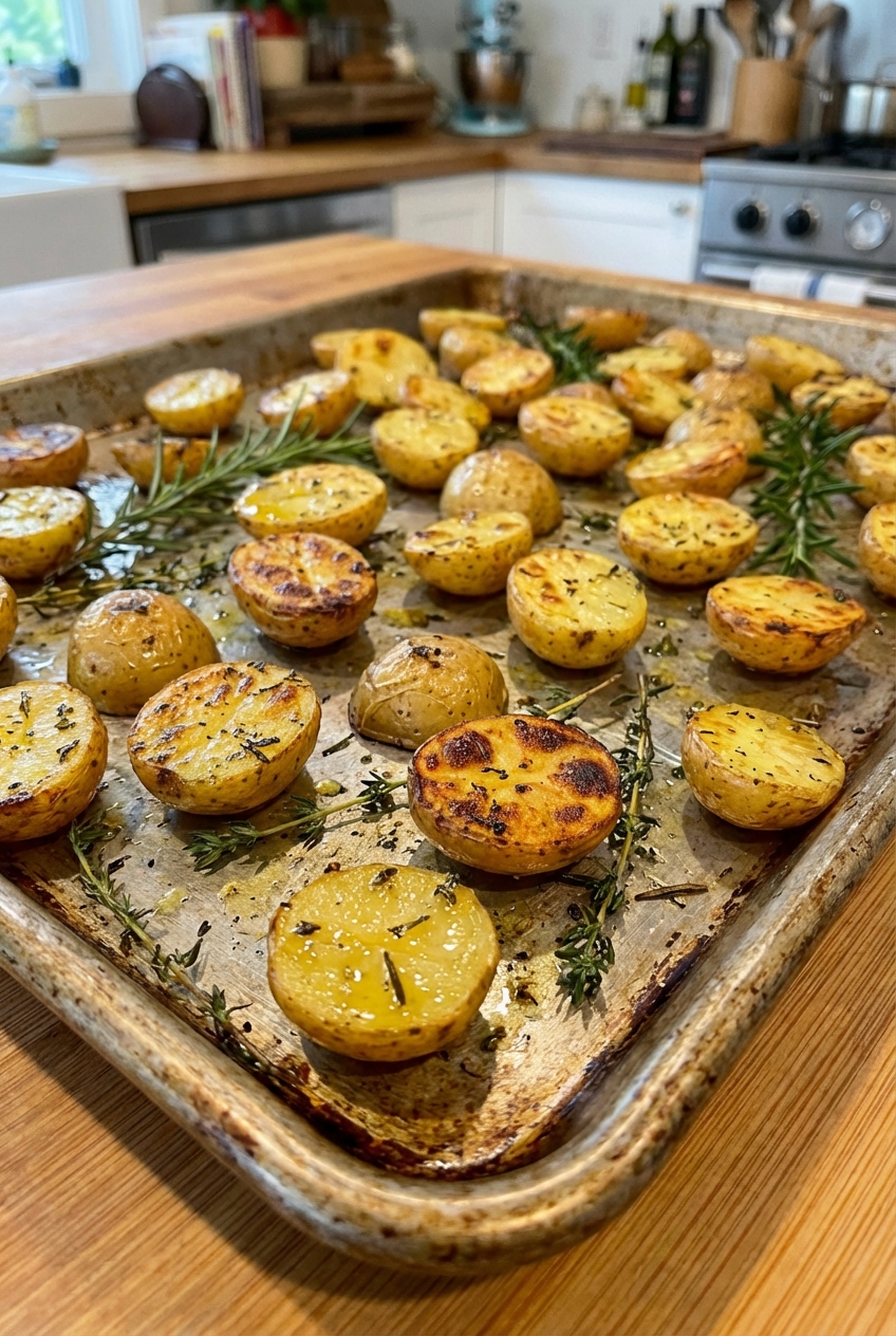 Roasted baby potatoes with browned edges on a sheet pan