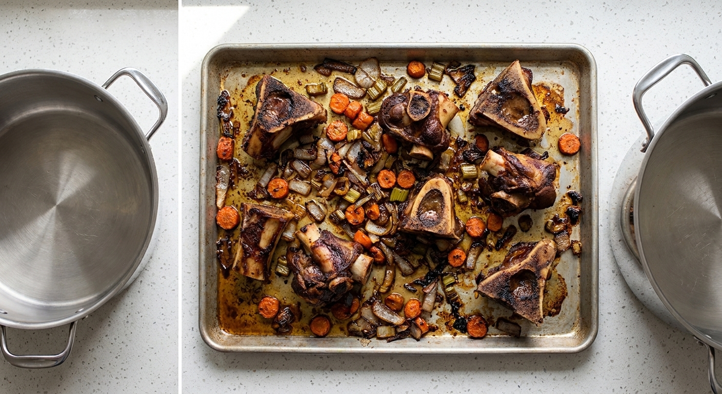 Roasted beef marrow and knuckle bones browned deeply on a sheet pan with caramelized bits, ready to go into a stockpot