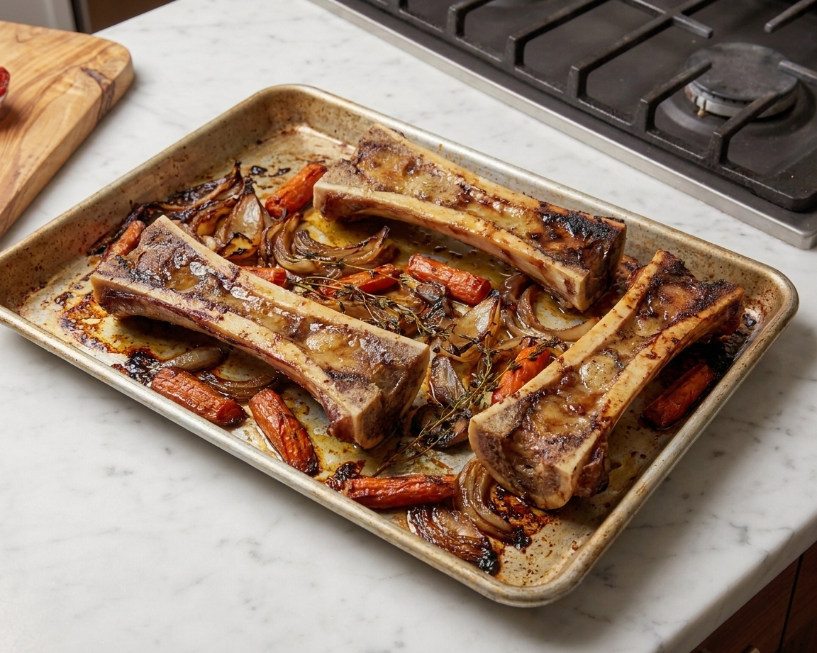Roasted beef marrow bones on a rimmed baking sheet with browned onions and carrots, resting on a kitchen counter under warm light