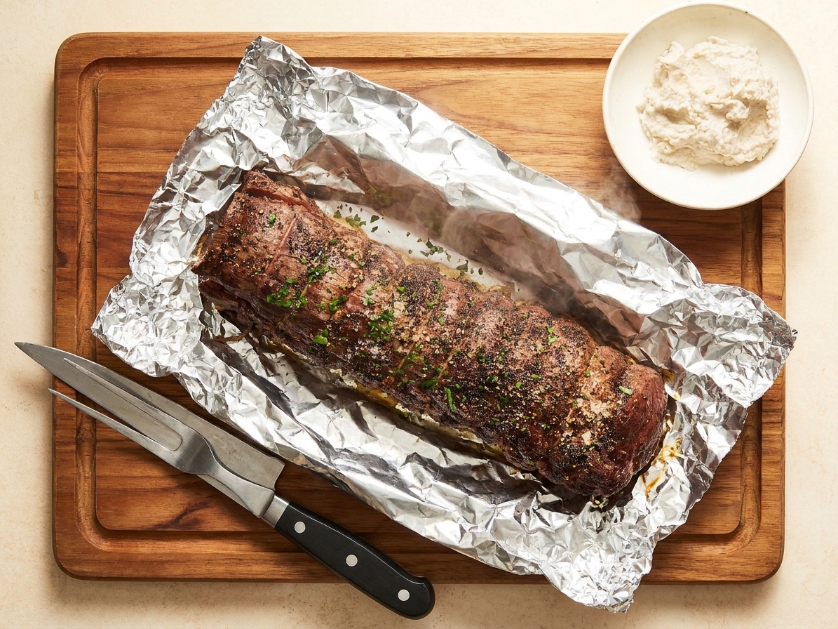 Roasted beef tenderloin resting on a cutting board loosely tented with foil.