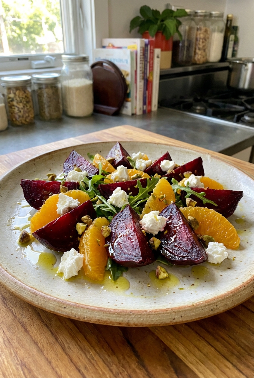 Roasted beet wedges on a plate with orange segments and goat cheese