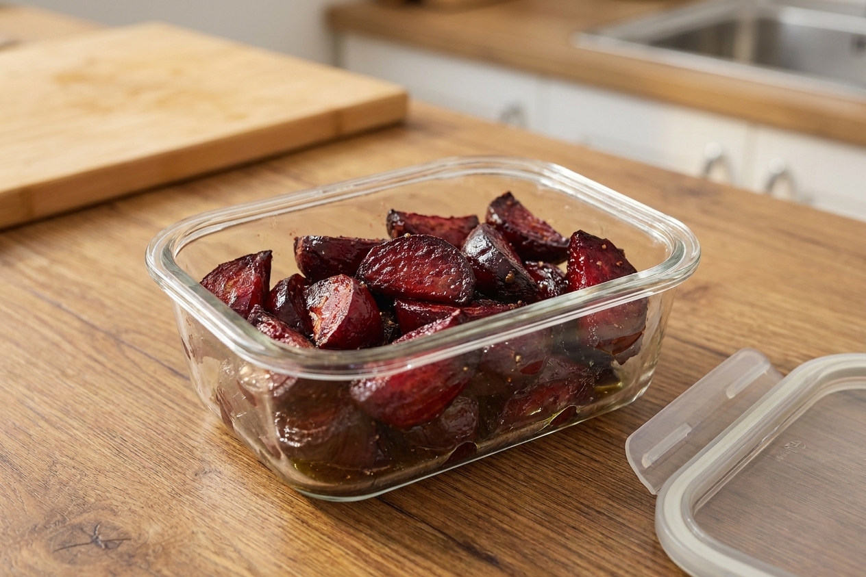 Roasted beetroot pieces stored in a clear airtight container on a kitchen counter beside the lid