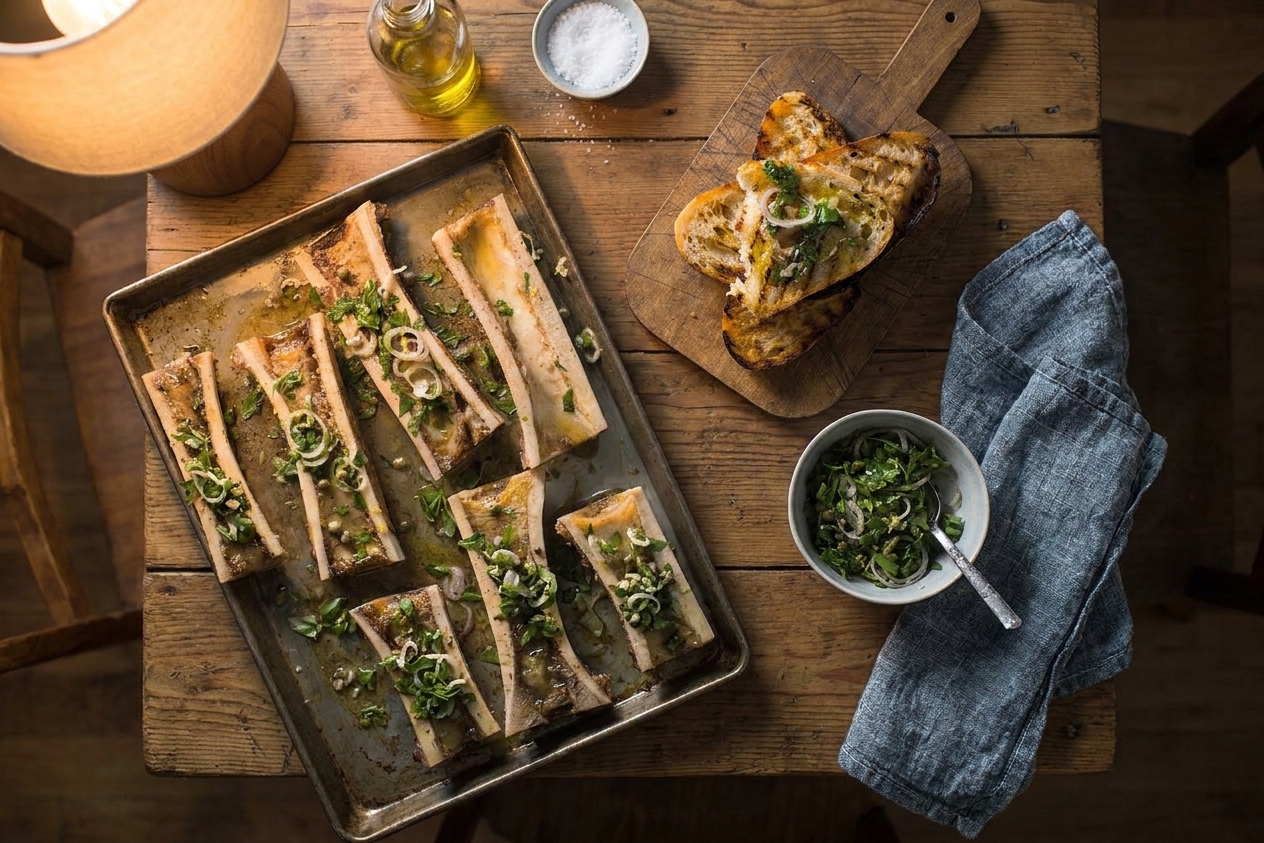 Roasted bone marrow bones served on a platter with garlic toast and a small bowl of parsley salad on a wooden dining table, cozy evening lighting