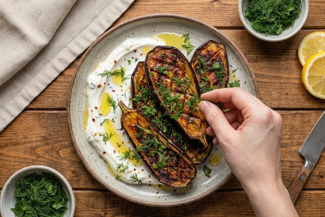Roasted brinjal wedges plated over a swoosh of garlic lemon yogurt, topped with fresh herbs and a drizzle of olive oil