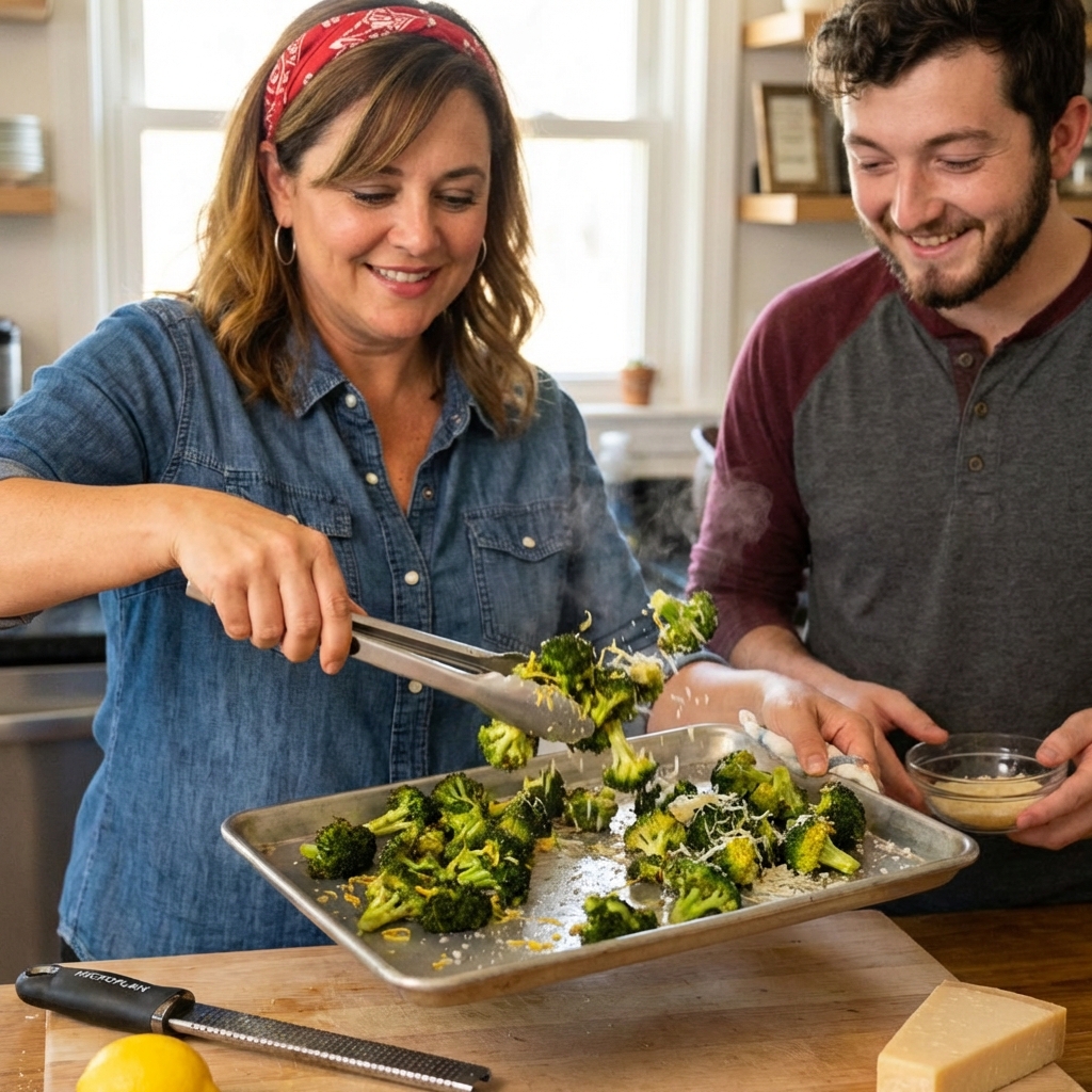 Roasted broccoli being tossed on a sheet pan with lemon zest and parmesan just before serving
