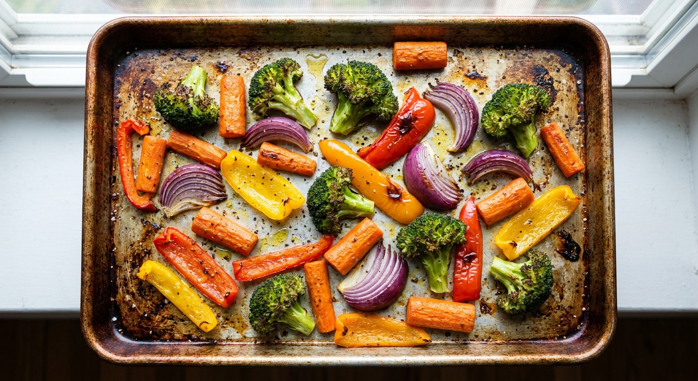 Roasted broccoli, carrots, red onion, and bell peppers on a rimmed sheet pan with browned edges and a light sheen of olive oil