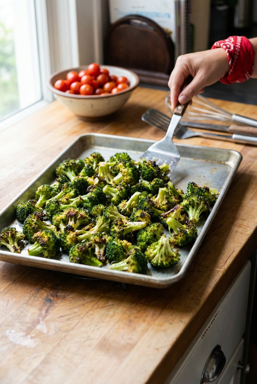 Roasted broccoli florets on a baking sheet with charred tips