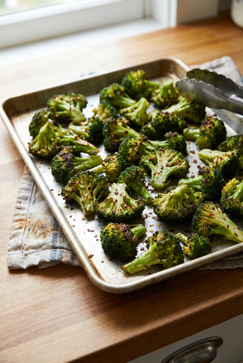 Roasted broccoli florets on a sheet pan with browned edges and a sprinkle of chili flakes