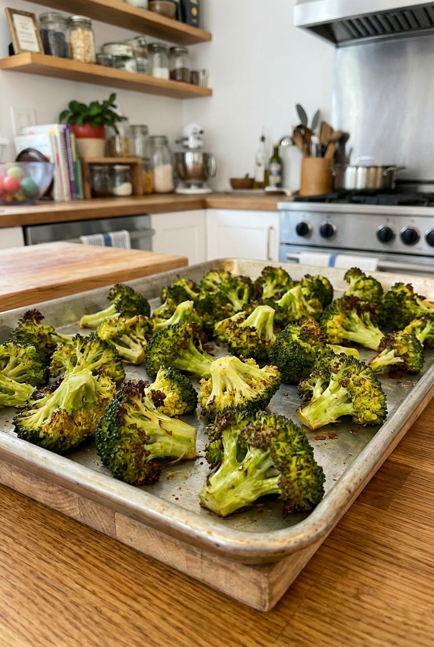 Roasted broccoli florets on a sheet pan with browned edges