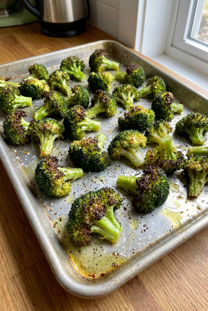 Roasted broccoli florets on a sheet pan with browned edges