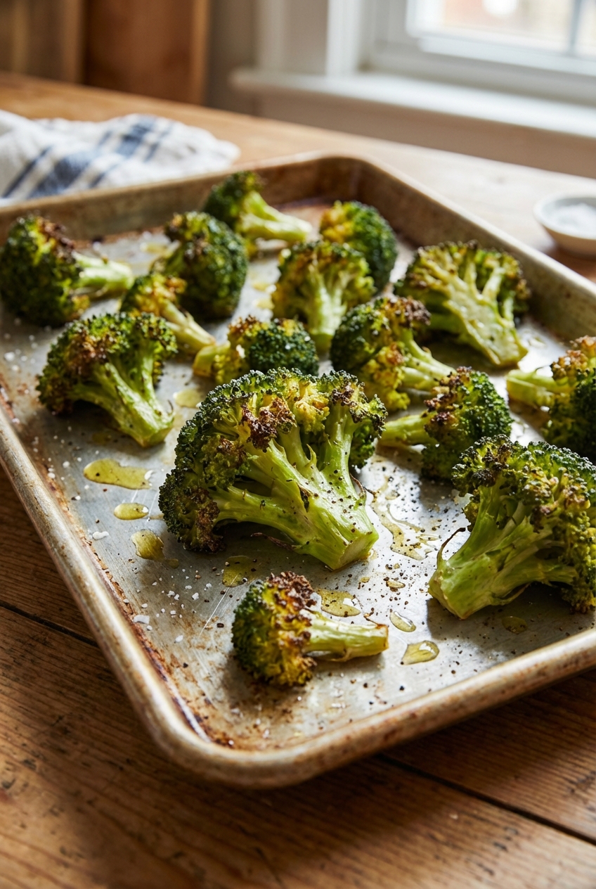 Roasted broccoli florets on a sheet pan with browned edges