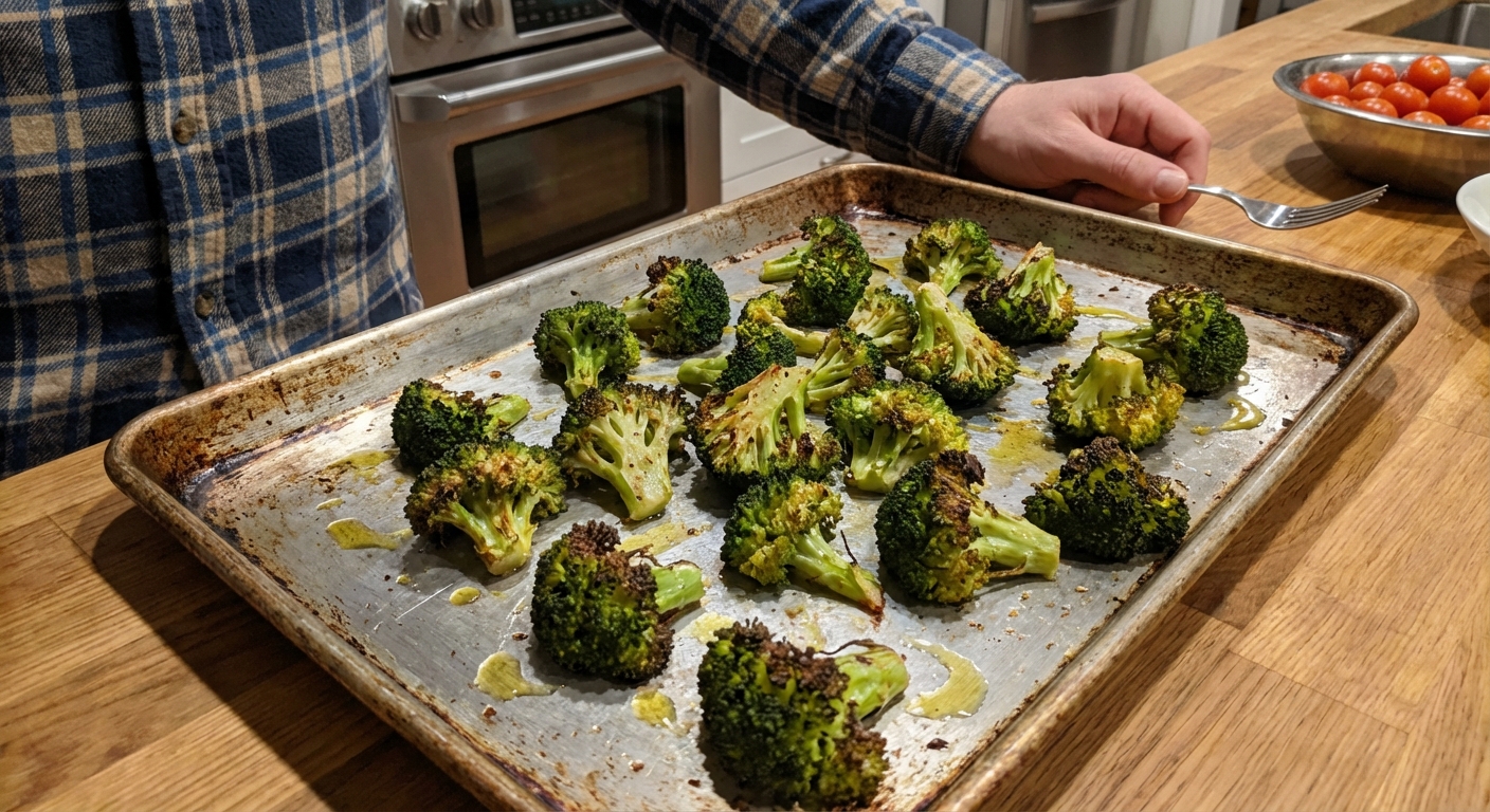 Roasted broccoli florets on a sheet pan with browned edges