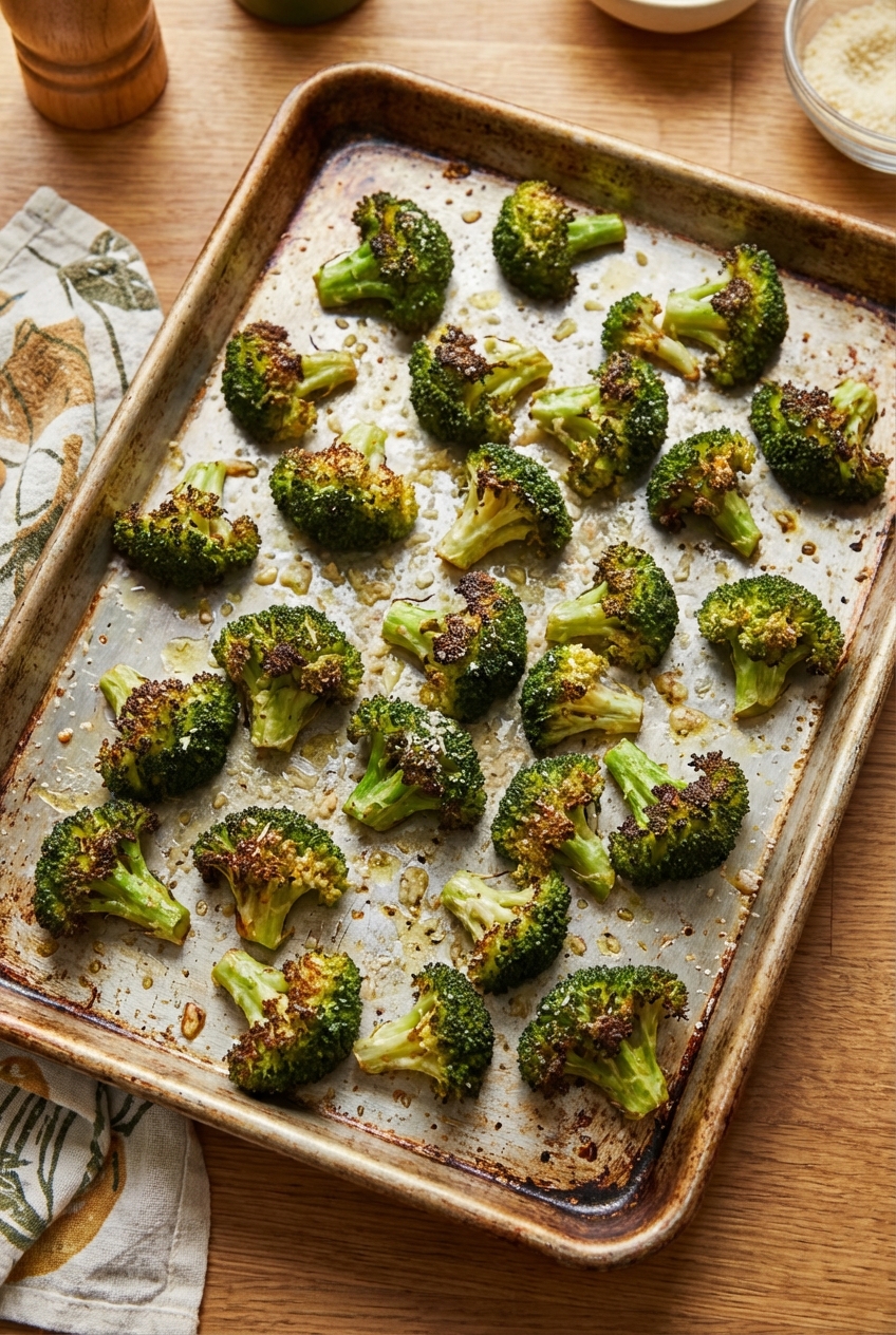 Roasted broccoli florets on a sheet pan with browned edges