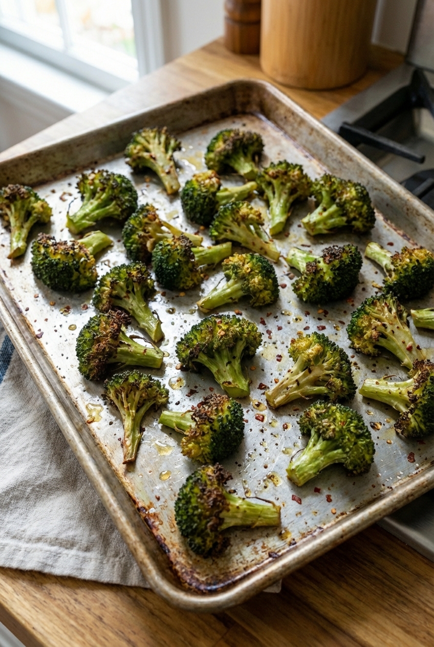 Roasted broccoli florets on a sheet pan with browned edges