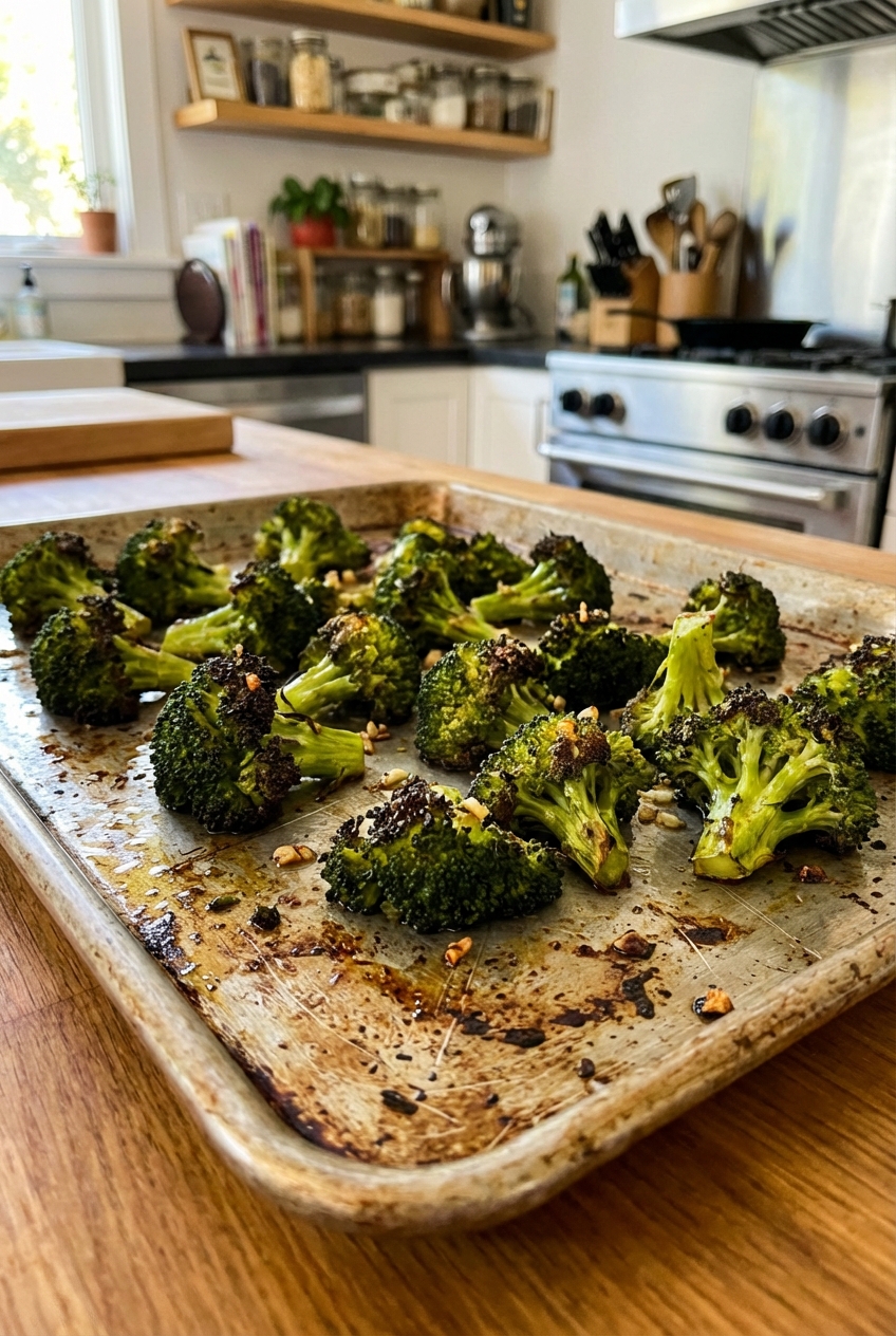 Roasted broccoli florets on a sheet pan with browned edges