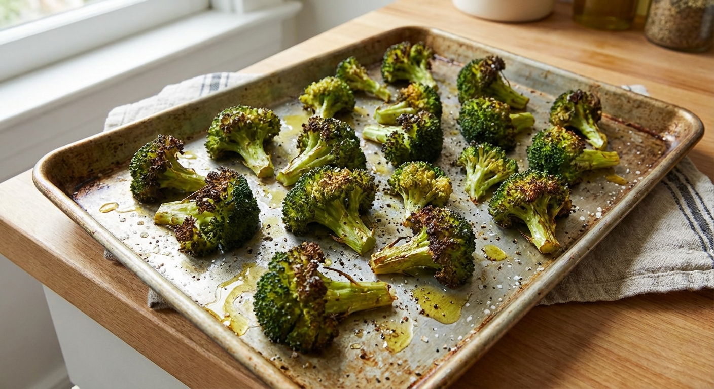 Roasted broccoli florets on a sheet pan with browned edges