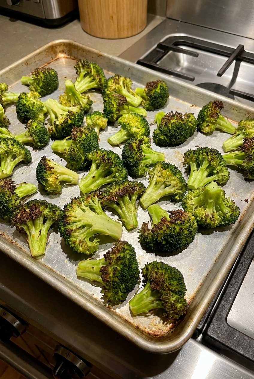 Roasted broccoli florets on a sheet pan with browned tips