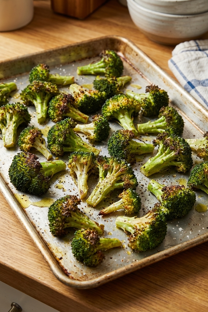 Roasted broccoli florets on a sheet pan with browned edges