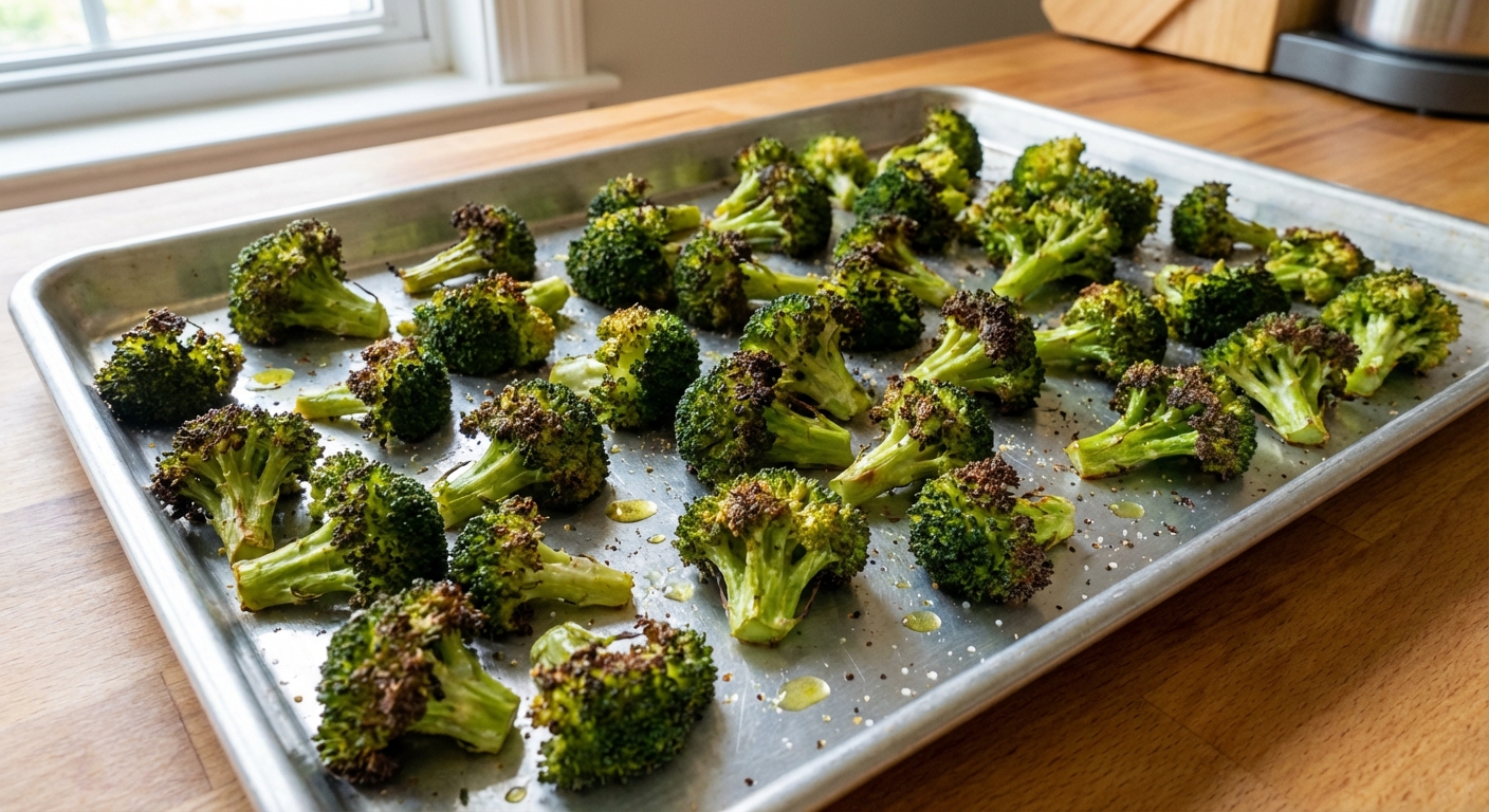 Roasted broccoli florets on a sheet pan with crisp browned edges