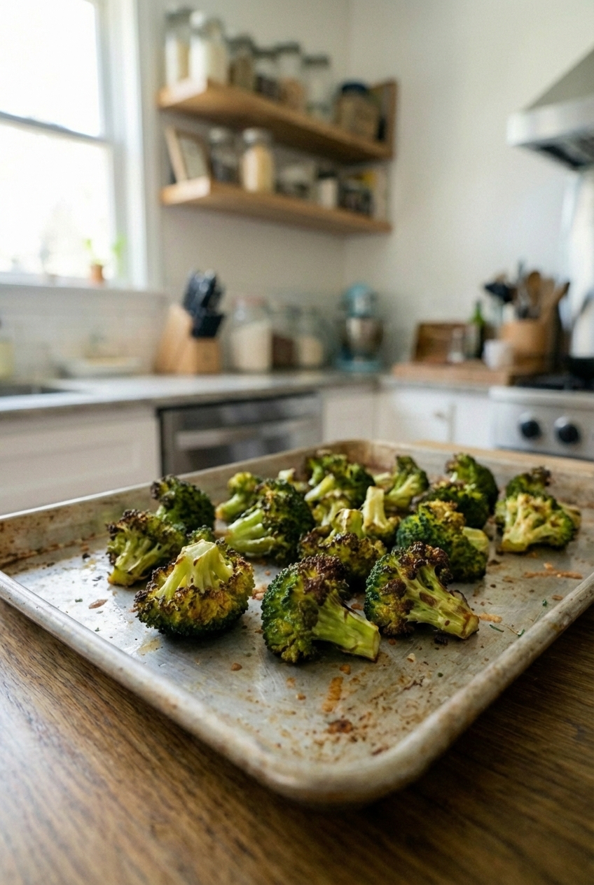 Roasted broccoli florets with browned crispy edges on a baking tray