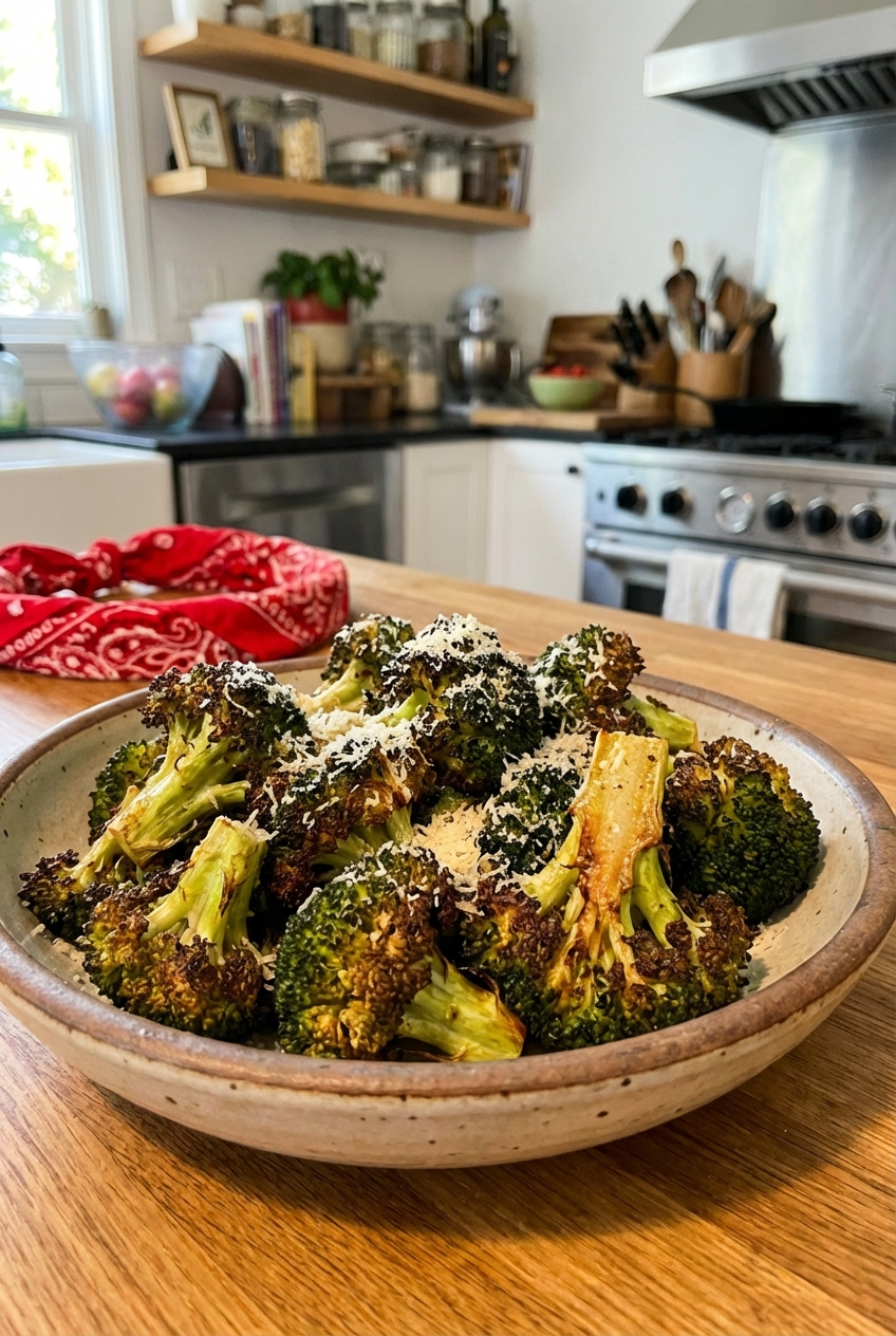 Roasted broccoli florets with browned edges and Parmesan