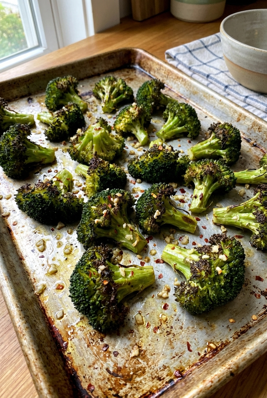 Roasted broccoli florets with browned edges on a sheet pan
