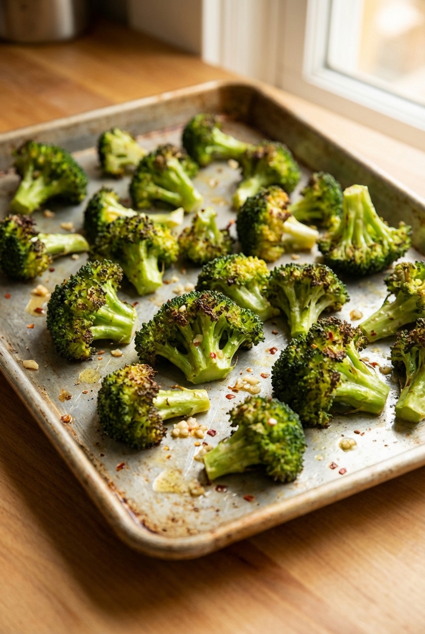 Roasted broccoli florets with browned edges on a sheet pan