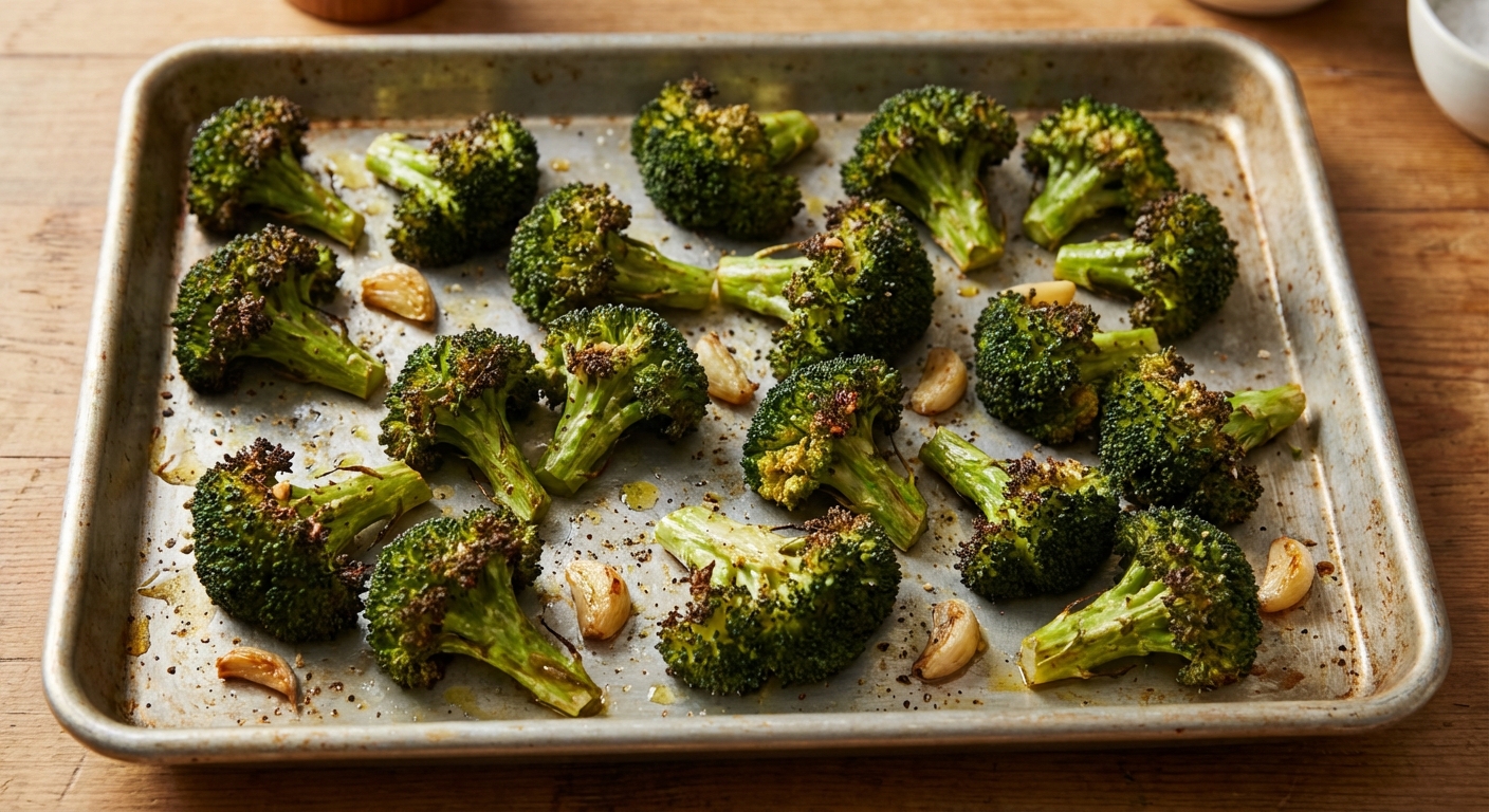 Roasted broccoli florets with browned edges on a sheet pan