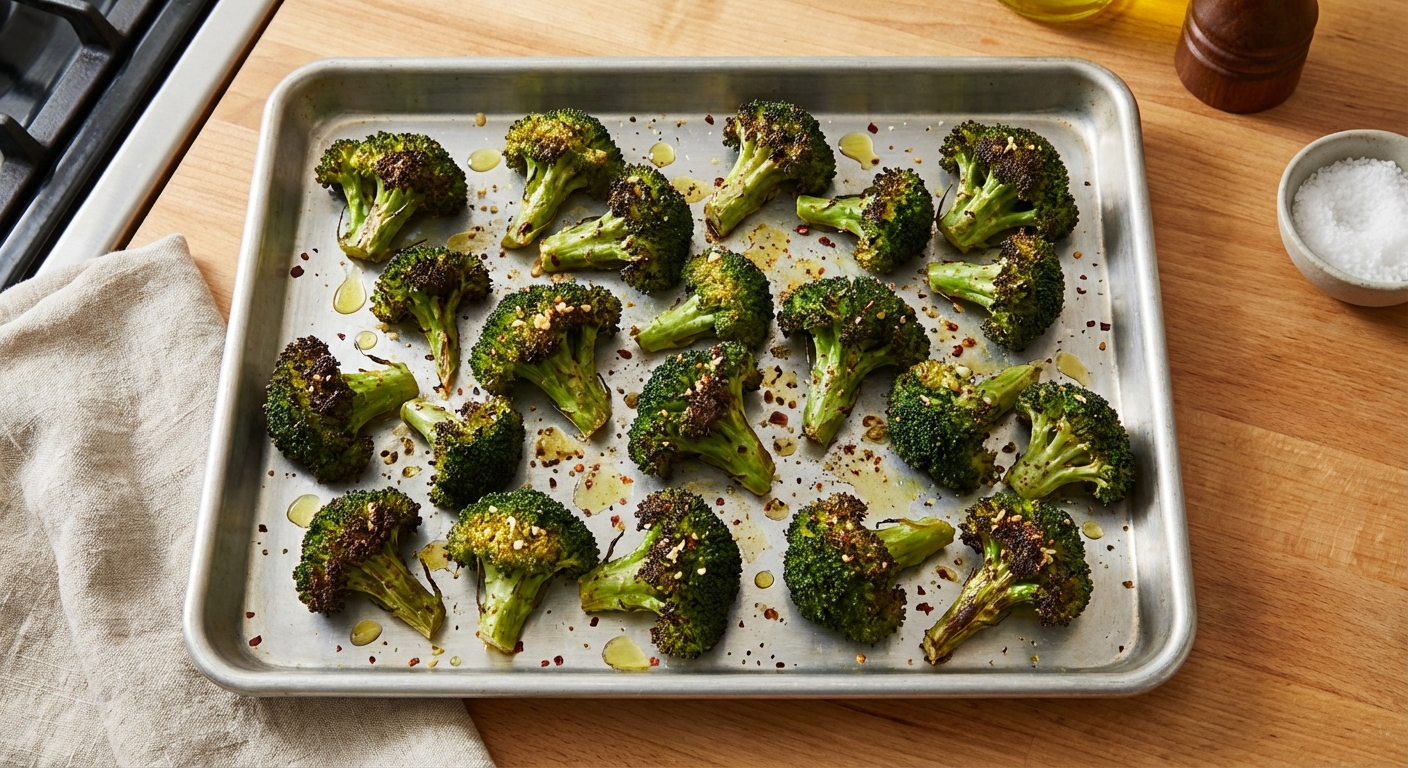 Roasted broccoli florets with browned edges on a sheet pan