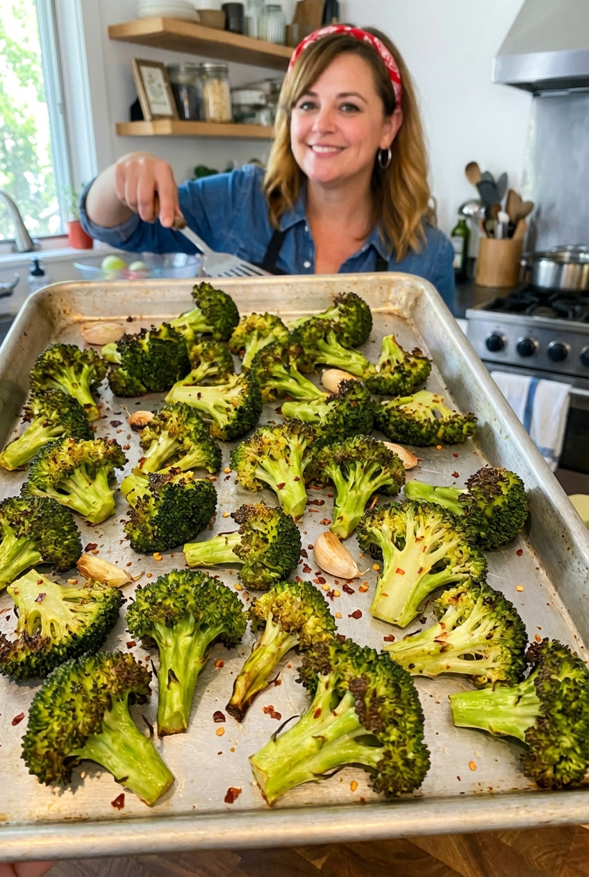 Roasted broccoli florets with browned tips on a sheet pan