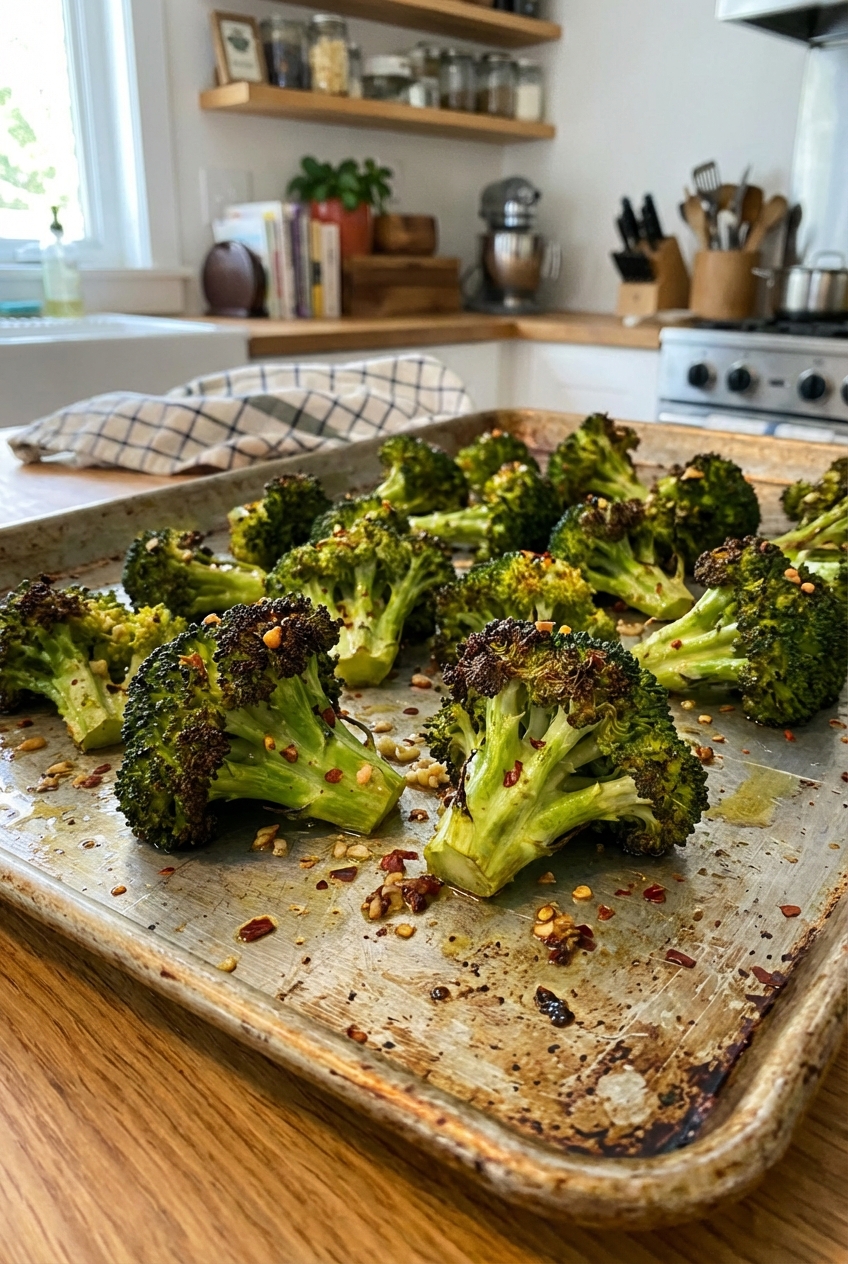 Roasted broccoli florets with browned tips on a sheet pan
