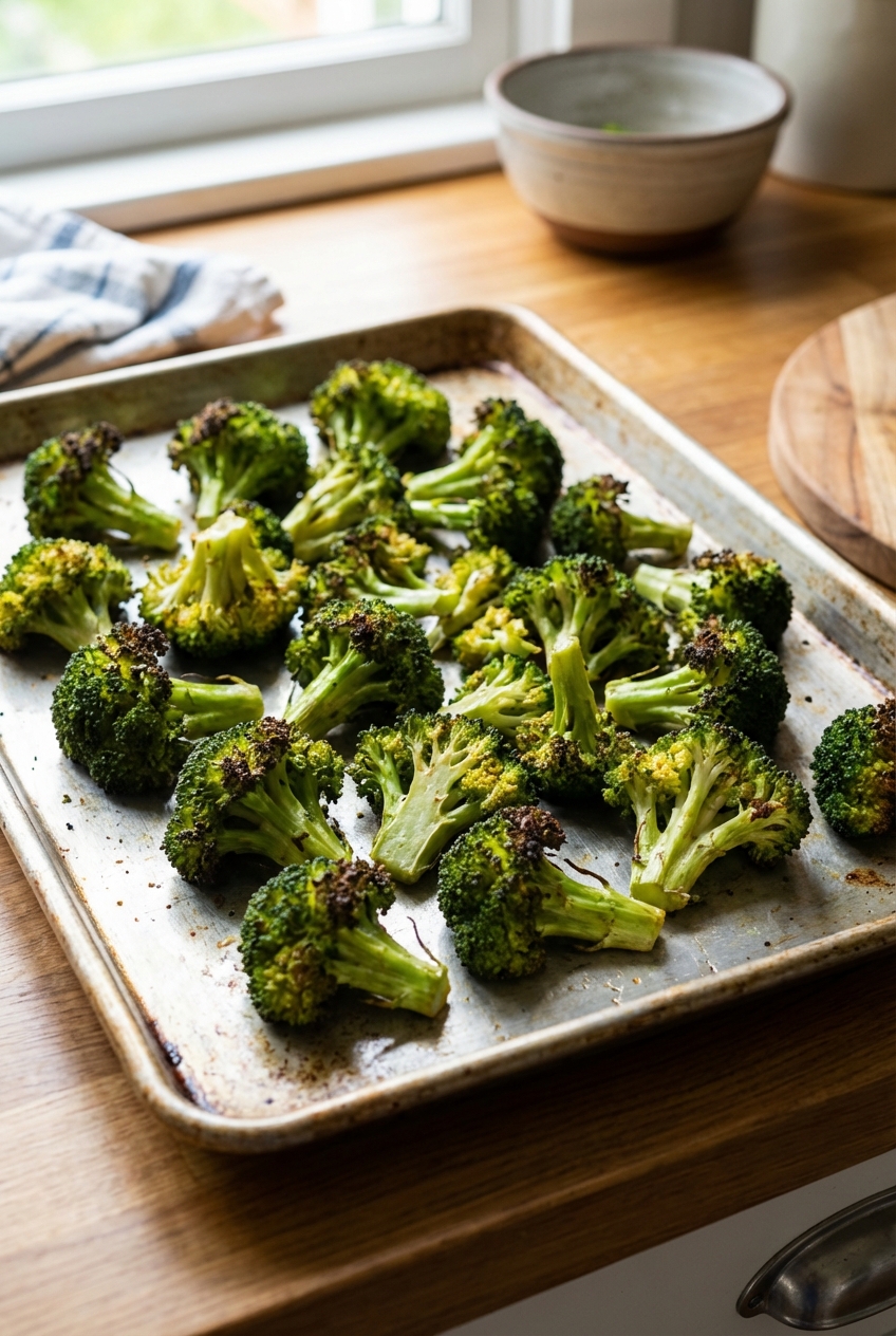 Roasted broccoli florets with browned tips on a sheet pan