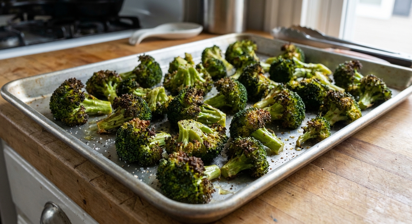 Roasted broccoli florets with crispy browned edges on a sheet pan