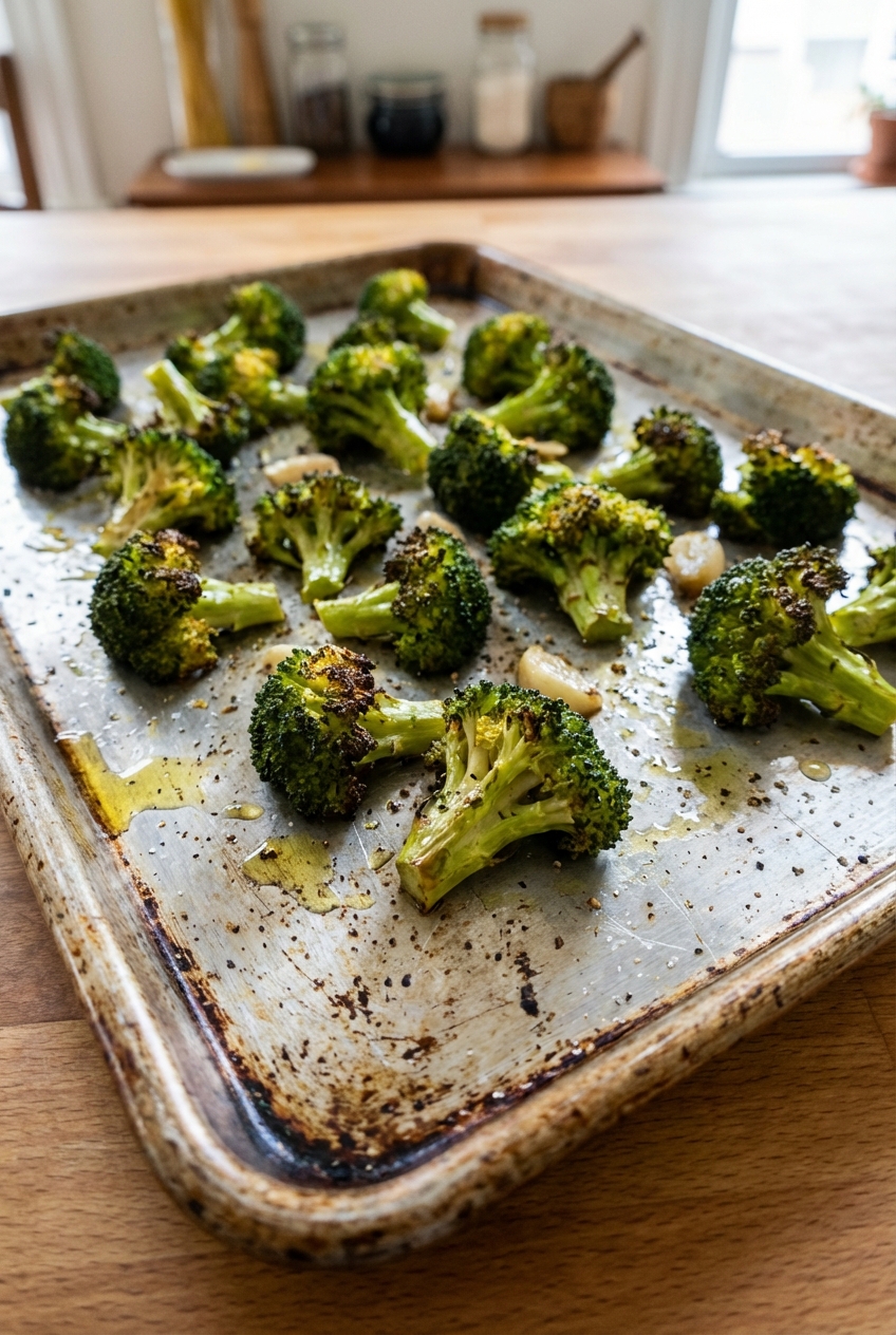 Roasted broccoli on a baking sheet
