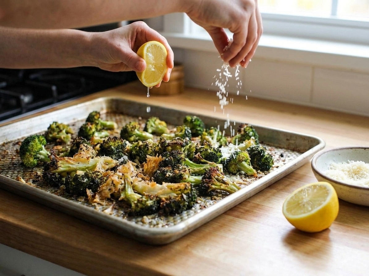 Roasted broccoli on a sheet pan being finished with a squeeze of lemon and a shower of grated parmesan on a kitchen counter