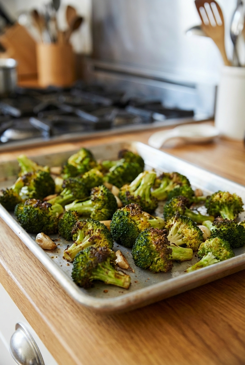 Roasted broccoli on a sheet pan with browned edges